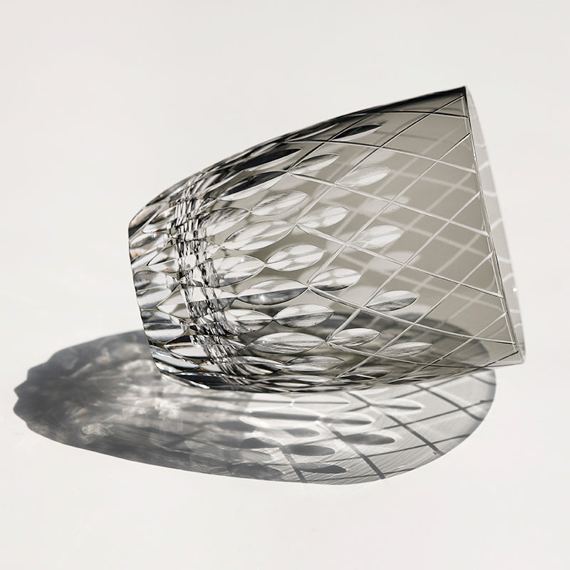 JP-062 30 cl Mouthblown Smokey Grey Highball Glass Tumblers With Hand Cut To Clear Cross & Raindrop Design