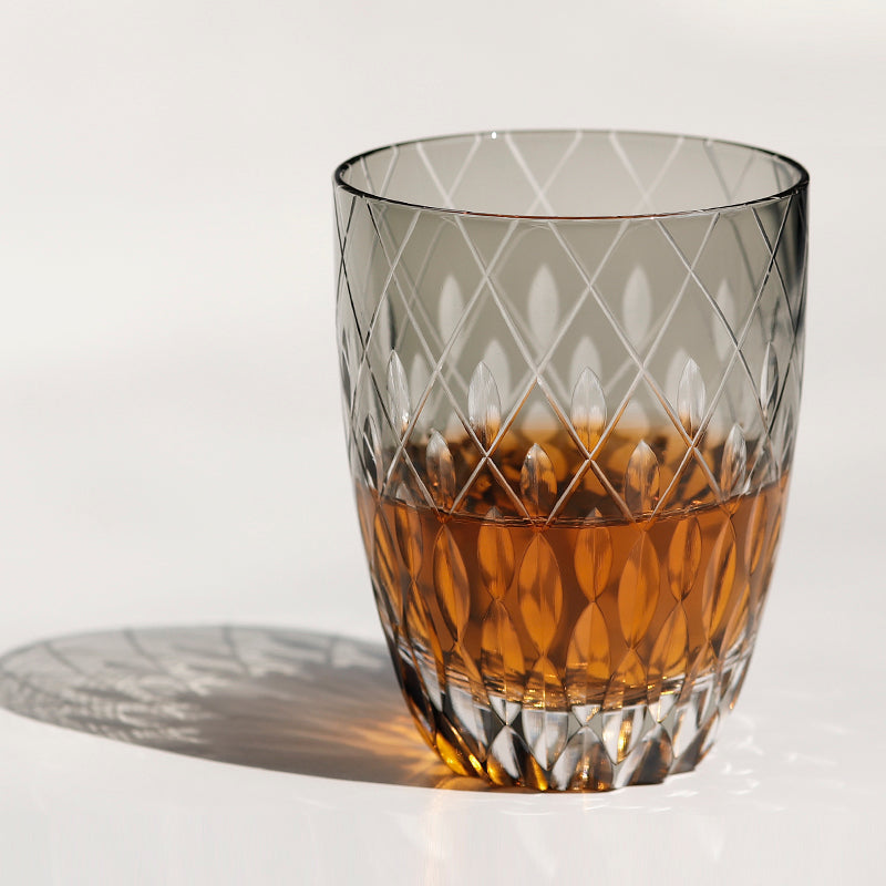 JP-062 30 cl Mouthblown Smokey Grey Highball Glass Tumblers With Hand Cut To Clear Cross & Raindrop Design