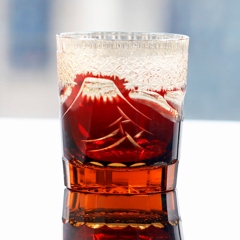 JP-037 8.5 oz Ruby Red Japanese Style Edo Kiriko Cocktail Whiskey Glass Tumbler Hand Cut Fuji Mountain Design In Gift Box