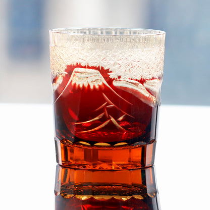 JP-037 8.5 oz Ruby Red Japanese Style Edo Kiriko Cocktail Whiskey Glass Tumbler Hand Cut Fuji Mountain Design In Gift Box