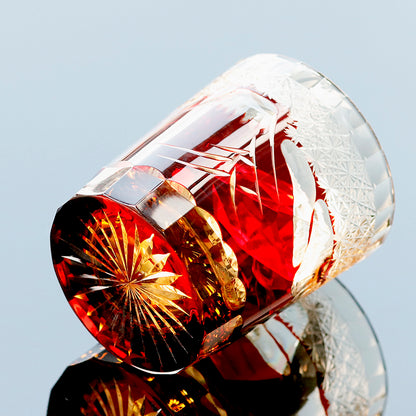 JP-037 8.5 oz Ruby Red Japanese Style Edo Kiriko Cocktail Whiskey Glass Tumbler Hand Cut Fuji Mountain Design In Gift Box