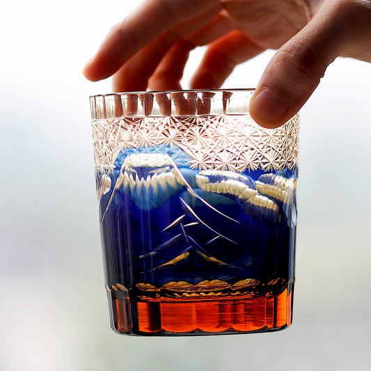 JP-037 Handcrafts Hand Cut And Blue Amber Colored Whiskey Glass Old Fashioned Tumblers Edo Kiriko‘s’Fuji Mountain Design