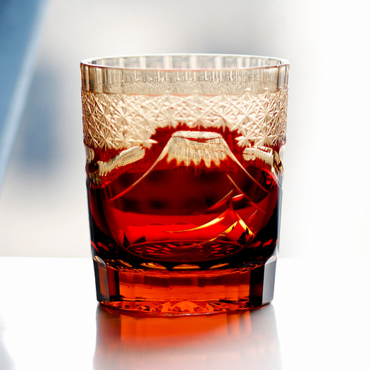 JP-037 8.5 oz Ruby Red Japanese Style Edo Kiriko Cocktail Whiskey Glass Tumbler Hand Cut Fuji Mountain Design In Gift Box