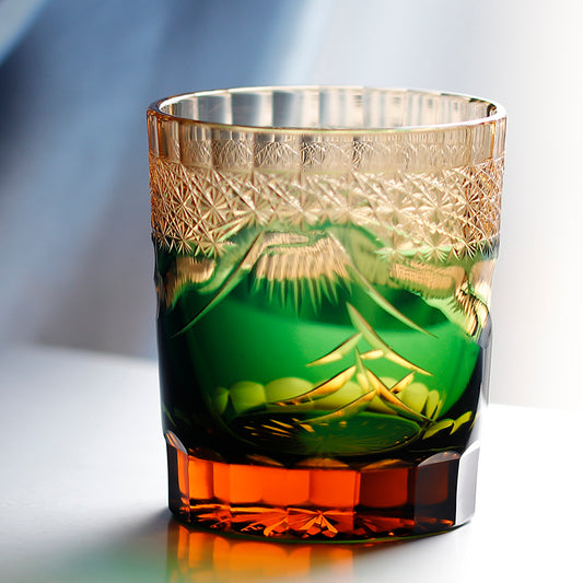 JP-037  Japanese Style Green Amber Colored Whiskey Glass Old Fashioned Tumblers Edo Kiriko's Fuji Mountain Design