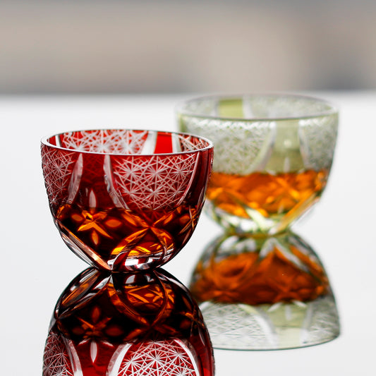 Group shot of QJ-10   35 ML 1.2 OZ Mouth Blown Color Tinted Glass Shot Glass Sake Cup With Hand Cut Stars and Chrysanthemum Pattern - JINZHI GLASS crystal glassware
