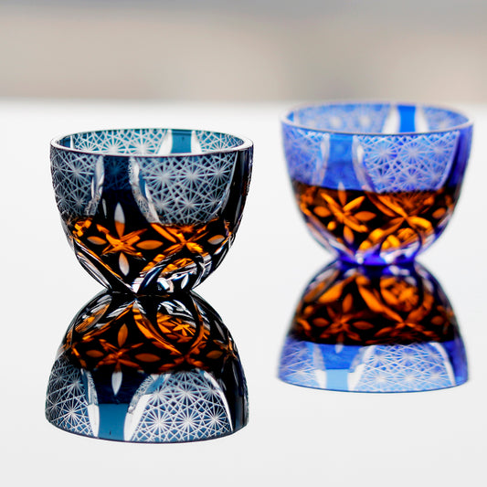 QJ-10   35 ML 1.2 OZ Mouth Blown Color Tinted Glass Shot Glass Sake Cup With Hand Cut Stars and Chrysanthemum Pattern