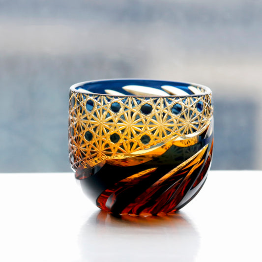 JP-031  60 ML Premium Japanese Style Amber Colored Cold Sake Glass Cup Edo Kiriko's Chilled Sake Glass Handcrafts Small Drinking Vessel