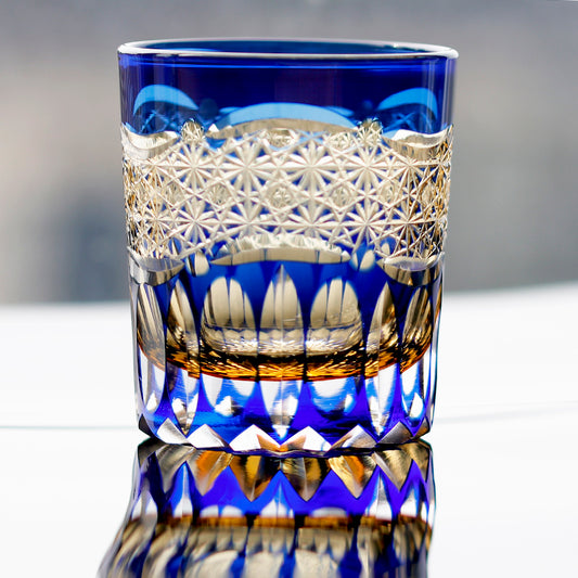 JP-054-New 3kinds color Transparent Blue and Amber Cased Glass Whiskey Tumblers with Hand Carved Mountain and Lotus Design