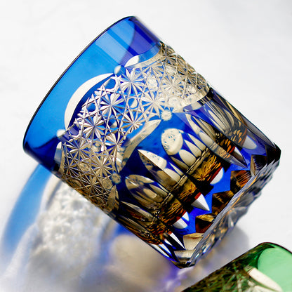 JP-054-New 3kinds color Transparent Blue and Amber Cased Glass Whiskey Tumblers with Hand Carved Mountain and Lotus Design