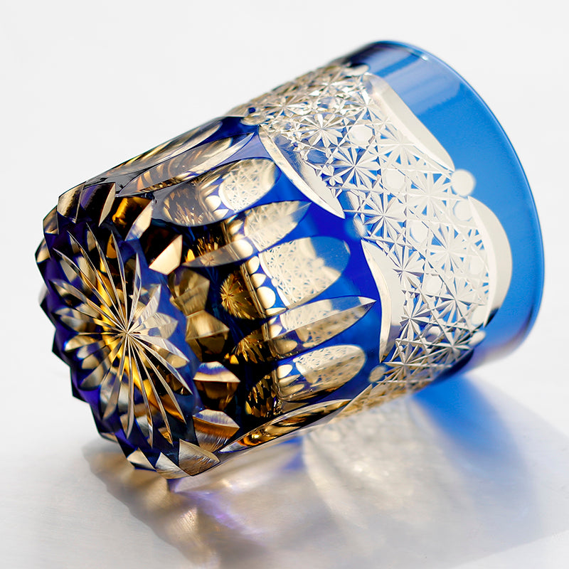 JP-054-New 3kinds color Transparent Blue and Amber Cased Glass Whiskey Tumblers with Hand Carved Mountain and Lotus Design