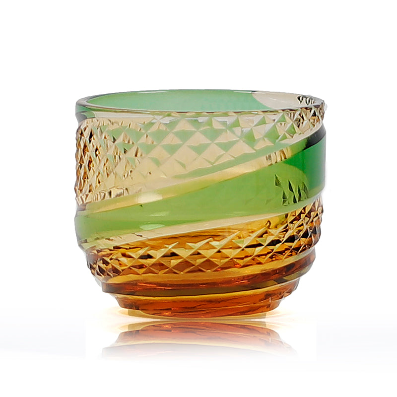 QJ-09 60 ML Japanese Style Hand Cut Kiriko Green and Amber Colored Cold Sake Glass,Chilled Sake Glass ,Small Shot Glass