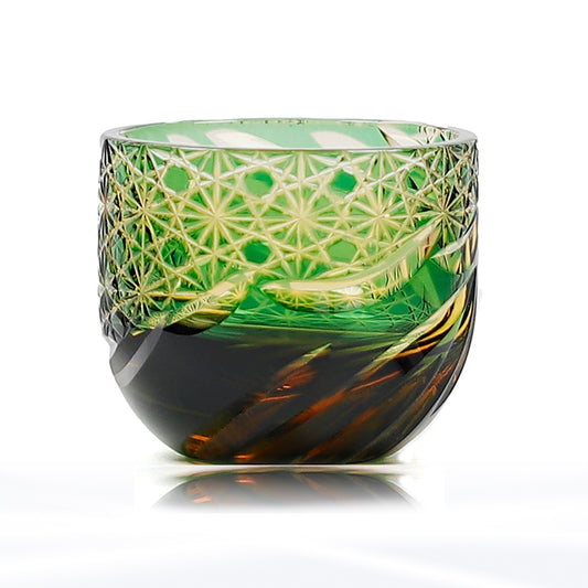 JP-031  60 ML Premium Japanese Green and Amber Colored Cold Sake Glass Cup,Chilled Sake Glass ,Small Drinking Vessel With Hand Carved Diamond Pattern