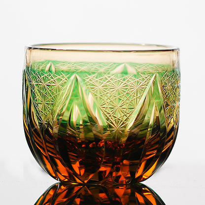 JP-020  60 ML  Edo Kiriko's Green Amber Cold Sake Glass Cup Chilled Small Drinking Vessel With Hand Carved Candle Flame Design