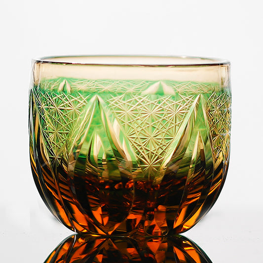 JP-020  60 ML  Edo Kiriko's Green Amber Cold Sake Glass Cup Chilled Small Drinking Vessel With Hand Carved Candle Flame Design