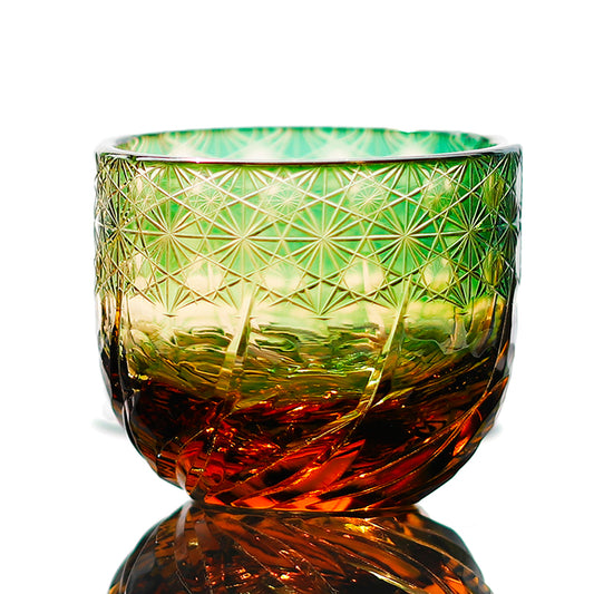JP-040 60 ML Premium Green and Amber Colored Cold Sake Glass Cup,Chilled Sake Glass ,Small Drinking Vessel With Hand Cut Kiriko Beaded Dazzling and Roaring Waves Design