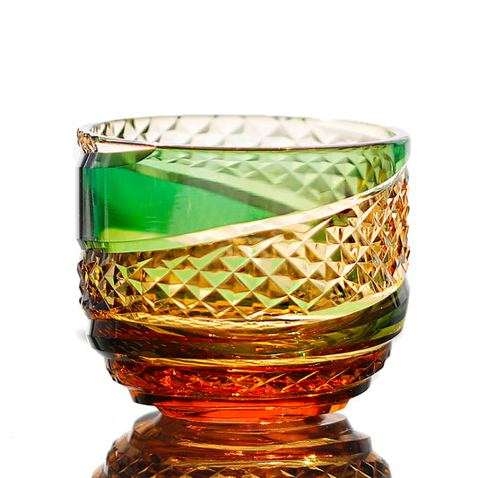 QJ-09 60 ML Japanese Style Hand Cut Kiriko Green and Amber Colored Cold Sake Glass,Chilled Sake Glass ,Small Shot Glass