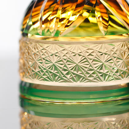 JP-021 60 ML Premium Japanese Green and Amber Colored Cold Sake Glass Cup,Chilled Sake Glass ,Small Drinking Vessel With Hand Cut Kiriko Chrysanthemum pattern