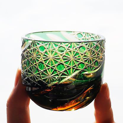 JP-031  60 ML Premium Japanese Green and Amber Colored Cold Sake Glass Cup,Chilled Sake Glass ,Small Drinking Vessel With Hand Carved Diamond Pattern