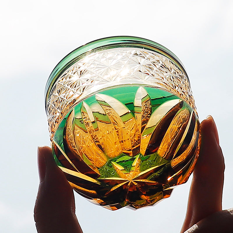 JP-021 60 ML Premium Japanese Green and Amber Colored Cold Sake Glass Cup,Chilled Sake Glass ,Small Drinking Vessel With Hand Cut Kiriko Chrysanthemum pattern