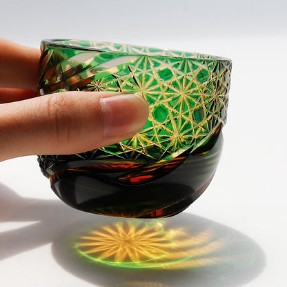 JP-031  60 ML Premium Japanese Green and Amber Colored Cold Sake Glass Cup,Chilled Sake Glass ,Small Drinking Vessel With Hand Carved Diamond Pattern