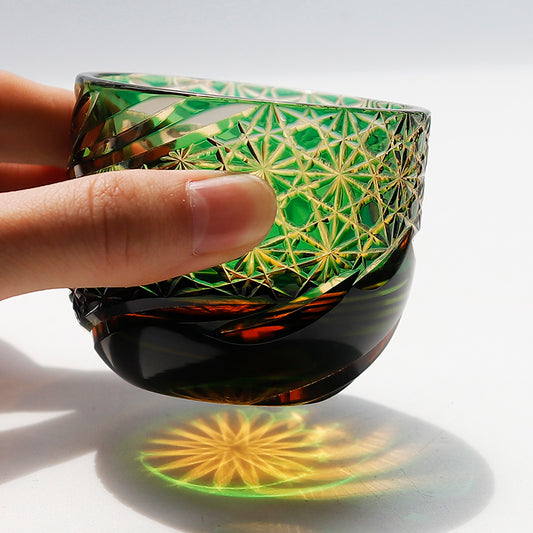 JP-031  60 ML Premium Japanese Green and Amber Colored Cold Sake Glass Cup,Chilled Sake Glass ,Small Drinking Vessel With Hand Carved Diamond Pattern