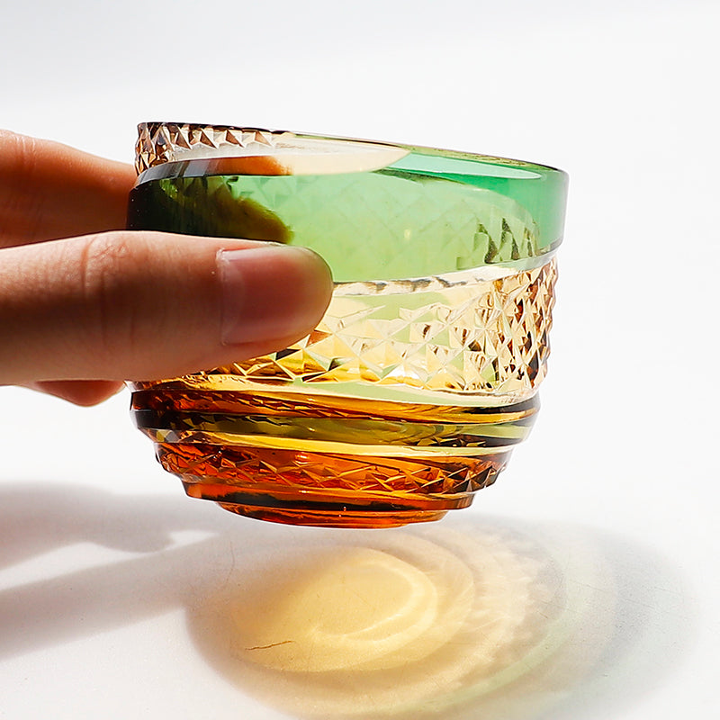 QJ-09 60 ML Japanese Style Hand Cut Kiriko Green and Amber Colored Cold Sake Glass,Chilled Sake Glass ,Small Shot Glass