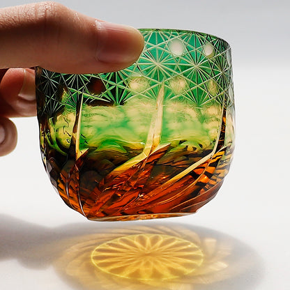 JP-040 60 ML Premium Green and Amber Colored Cold Sake Glass Cup,Chilled Sake Glass ,Small Drinking Vessel With Hand Cut Kiriko Beaded Dazzling and Roaring Waves Design