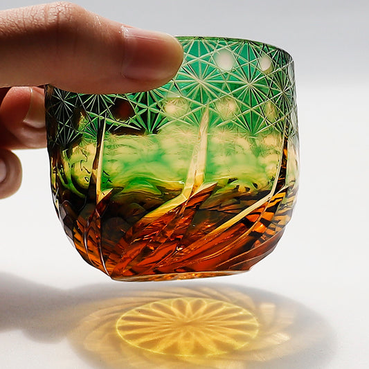 JP-040 60 ML Premium Green and Amber Colored Cold Sake Glass Cup,Chilled Sake Glass ,Small Drinking Vessel With Hand Cut Kiriko Beaded Dazzling and Roaring Waves Design