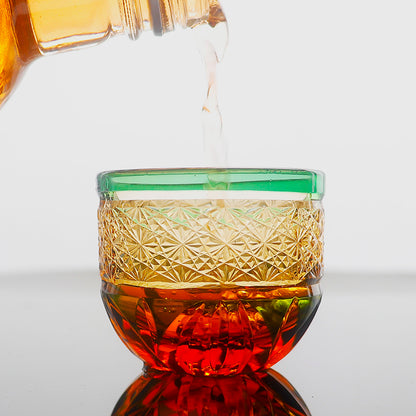 JP-021 60 ML Premium Japanese Green and Amber Colored Cold Sake Glass Cup,Chilled Sake Glass ,Small Drinking Vessel With Hand Cut Kiriko Chrysanthemum pattern