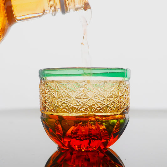 JP-021 60 ML Premium Japanese Green and Amber Colored Cold Sake Glass Cup,Chilled Sake Glass ,Small Drinking Vessel With Hand Cut Kiriko Chrysanthemum pattern