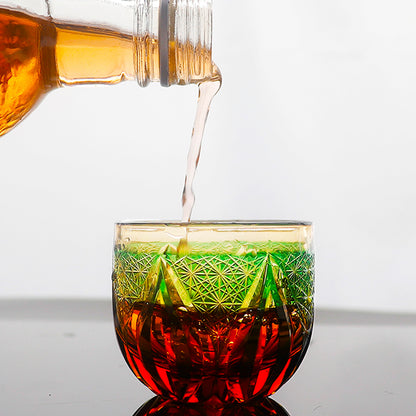 JP-020  60 ML  Edo Kiriko's Green Amber Cold Sake Glass Cup Chilled Small Drinking Vessel With Hand Carved Candle Flame Design