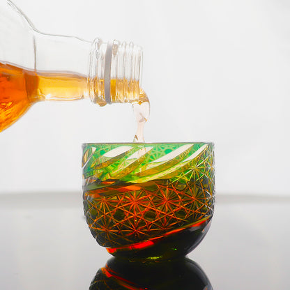 JP-031  60 ML Premium Japanese Green and Amber Colored Cold Sake Glass Cup,Chilled Sake Glass ,Small Drinking Vessel With Hand Carved Diamond Pattern