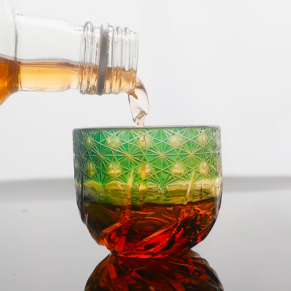 JP-040 60 ML Premium Green and Amber Colored Cold Sake Glass Cup,Chilled Sake Glass ,Small Drinking Vessel With Hand Cut Kiriko Beaded Dazzling and Roaring Waves Design
