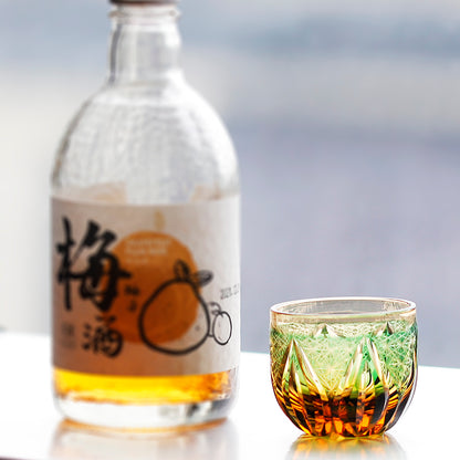 JP-020  60 ML  Edo Kiriko's Green Amber Cold Sake Glass Cup Chilled Small Drinking Vessel With Hand Carved Candle Flame Design