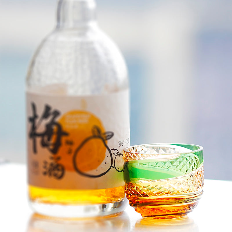 QJ-09 60 ML Japanese Style Hand Cut Kiriko Green and Amber Colored Cold Sake Glass,Chilled Sake Glass ,Small Shot Glass