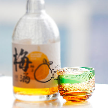 QJ-09 60 ML Japanese Style Hand Cut Kiriko Green and Amber Colored Cold Sake Glass,Chilled Sake Glass ,Small Shot Glass