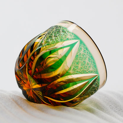JP-020  60 ML  Edo Kiriko's Green Amber Cold Sake Glass Cup Chilled Small Drinking Vessel With Hand Carved Candle Flame Design