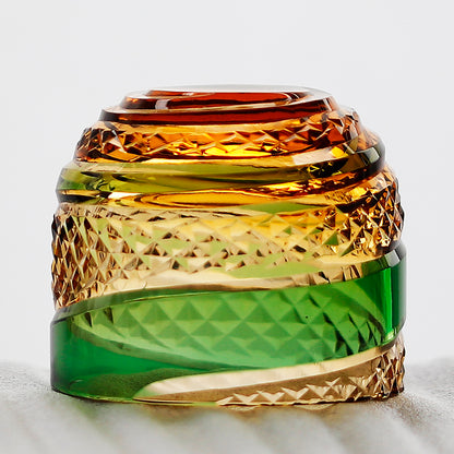 QJ-09 60 ML Japanese Style Hand Cut Kiriko Green and Amber Colored Cold Sake Glass,Chilled Sake Glass ,Small Shot Glass