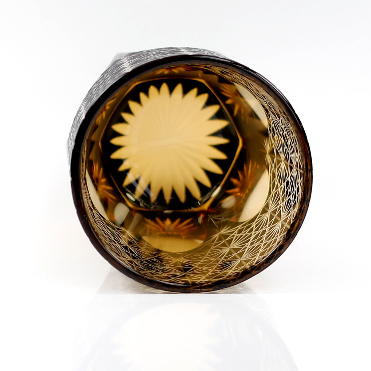 JP-048  250 ml Classic Japanesque Style Edo Kiriko Black and Amber Color Overlay Glass Whiskey Tumblers with  Hand cut Chrysanthemum Design