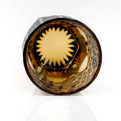 JP-048  250 ml Classic Japanesque Style Edo Kiriko Black and Amber Color Overlay Glass Whiskey Tumblers with  Hand cut Chrysanthemum Design