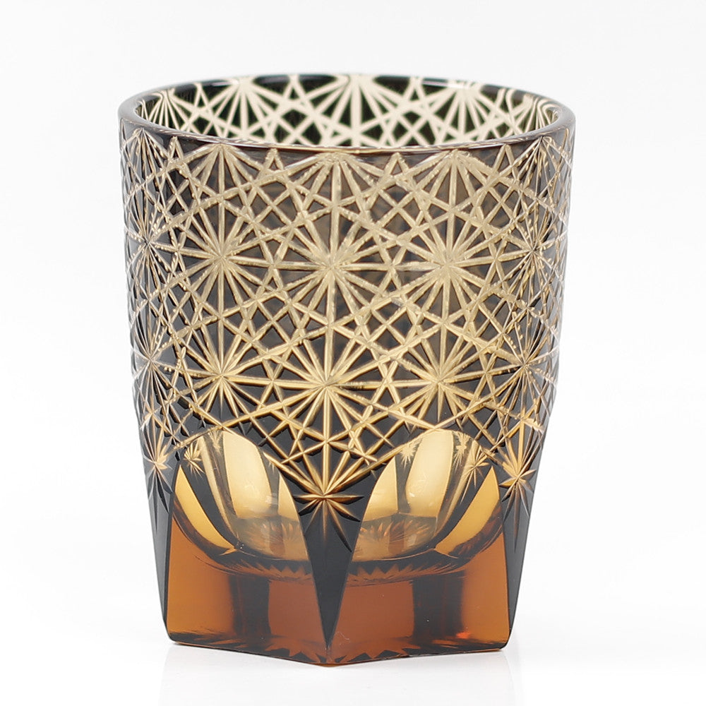 JP-048  250 ml Classic Japanesque Style Edo Kiriko Black and Amber Color Overlay Glass Whiskey Tumblers with  Hand cut Chrysanthemum Design