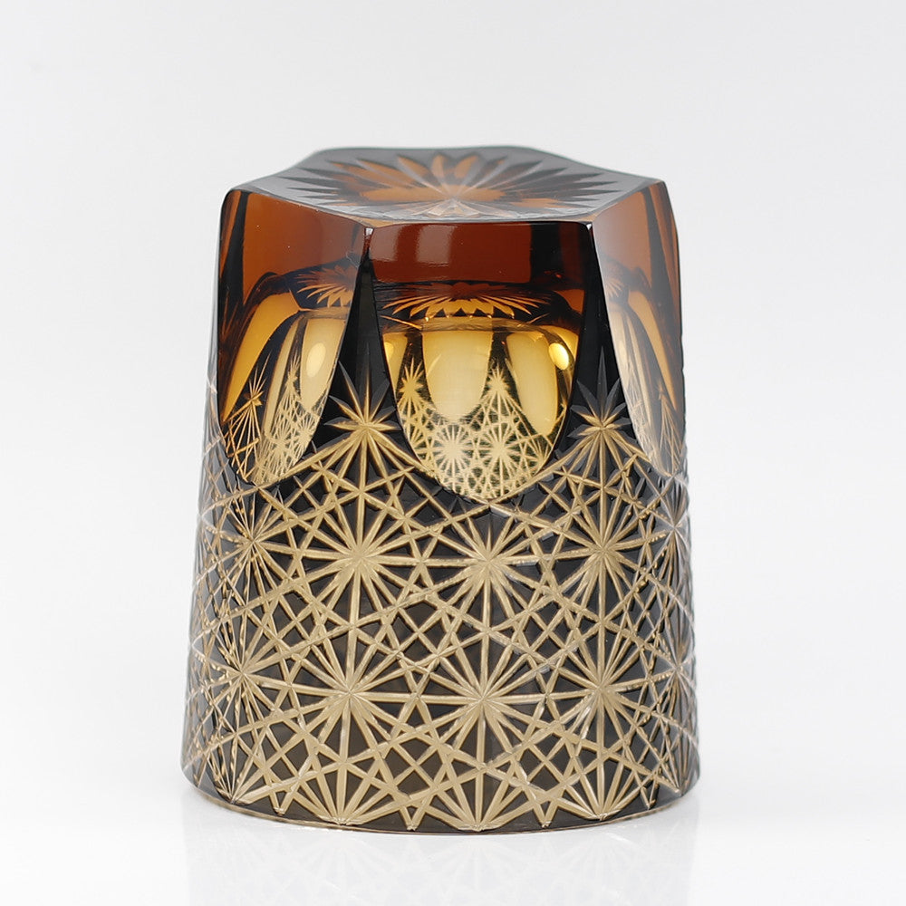 JP-048  250 ml Classic Japanesque Style Edo Kiriko Black and Amber Color Overlay Glass Whiskey Tumblers with  Hand cut Chrysanthemum Design