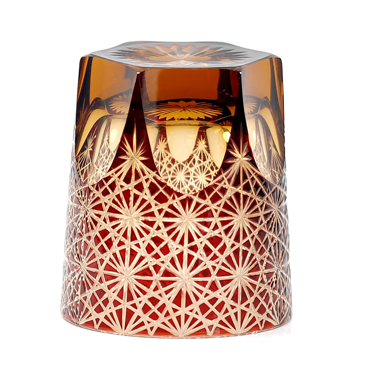 JP-048  250 ml Classic Japanesque Style Edo Kiriko Ruby Red and Amber Color Overlay Glass Whiskey Tumblers with  Hand cut Chrysanthemum Design
