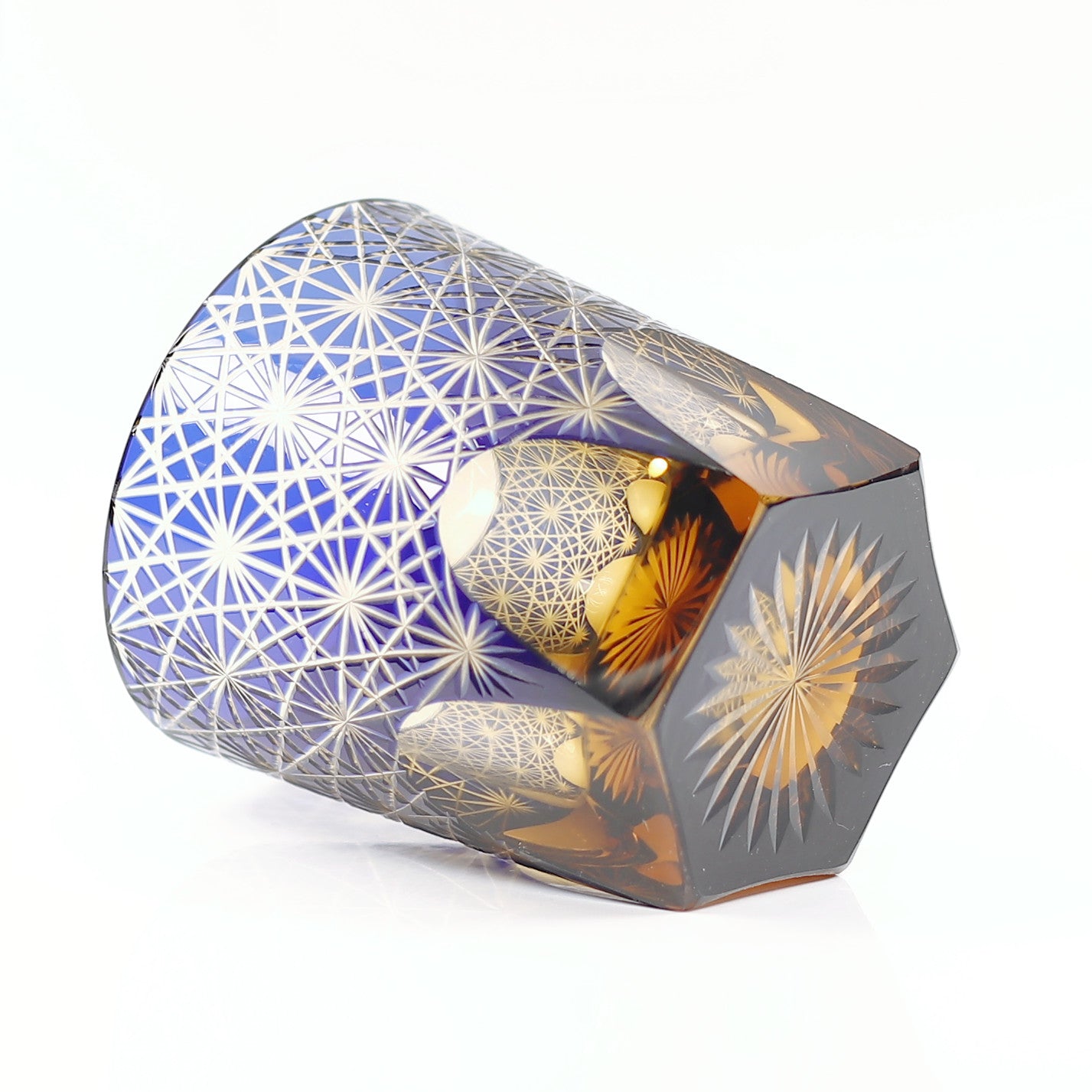 JP-048  250 ml Classic Japanesque Style Edo Kiriko Blue and Amber Color Overlay Glass Whiskey Tumblers with  Hand cut Chrysanthemum Design