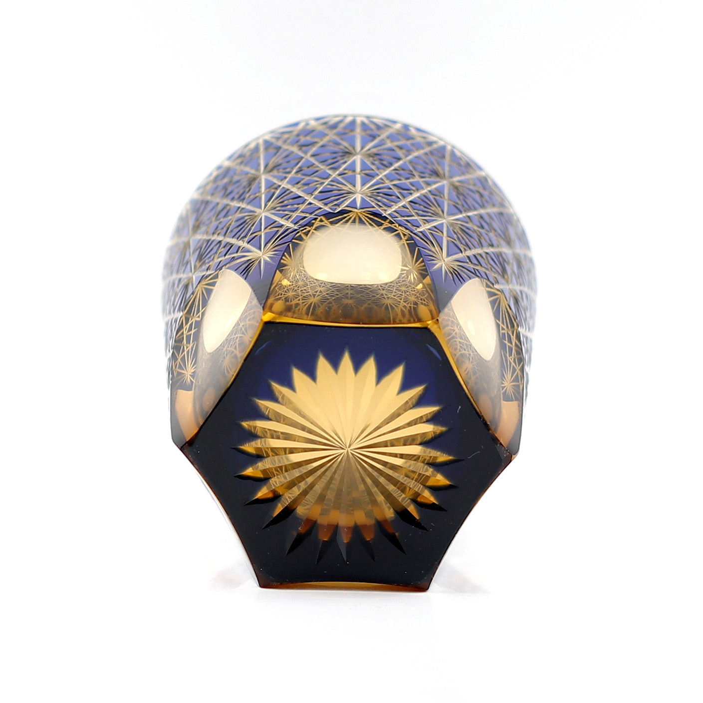 JP-048  250 ml Classic Japanesque Style Edo Kiriko Blue and Amber Color Overlay Glass Whiskey Tumblers with  Hand cut Chrysanthemum Design