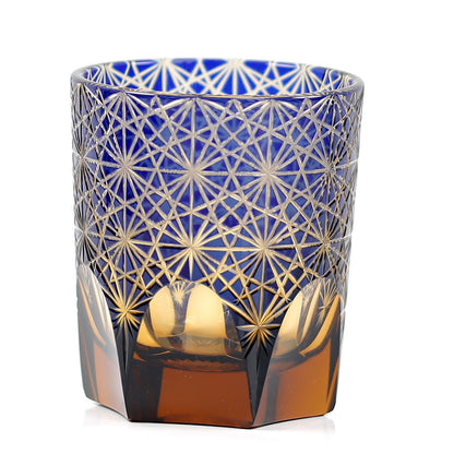 JP-048  250 ml Classic Japanesque Style Edo Kiriko Blue and Amber Color Overlay Glass Whiskey Tumblers with  Hand cut Chrysanthemum Design