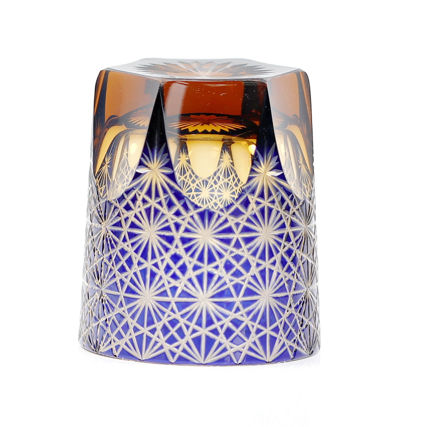 JP-048  250 ml Classic Japanesque Style Edo Kiriko Blue and Amber Color Overlay Glass Whiskey Tumblers with  Hand cut Chrysanthemum Design
