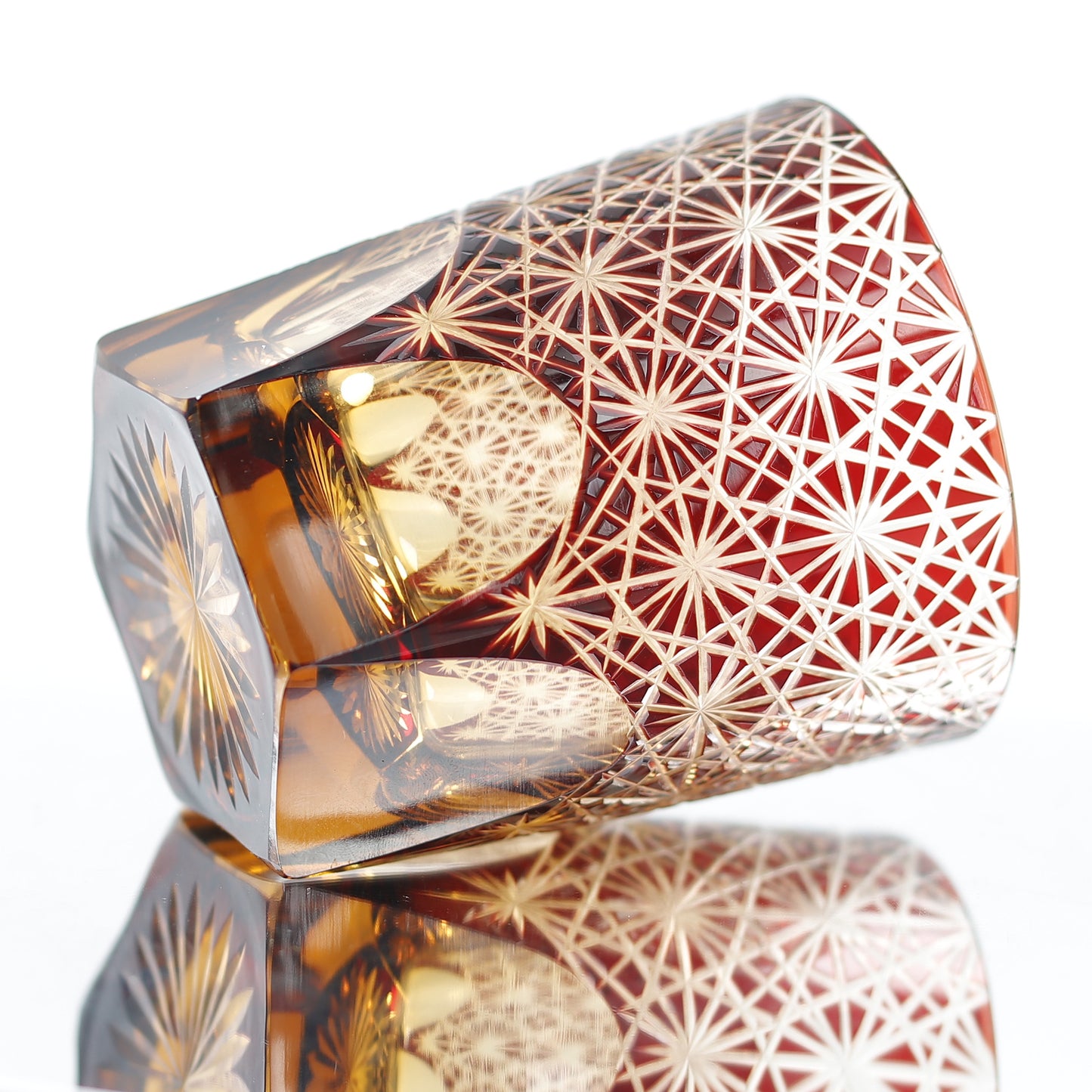 JP-048  250 ml Classic Japanesque Style Edo Kiriko Ruby Red and Amber Color Overlay Glass Whiskey Tumblers with  Hand cut Chrysanthemum Design