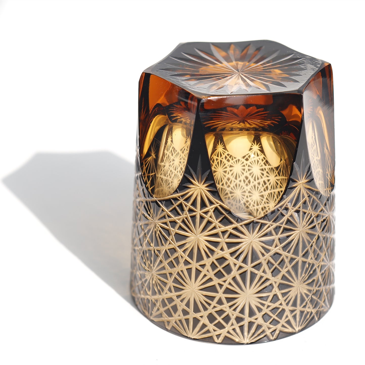 JP-048  250 ml Classic Japanesque Style Edo Kiriko Black and Amber Color Overlay Glass Whiskey Tumblers with  Hand cut Chrysanthemum Design