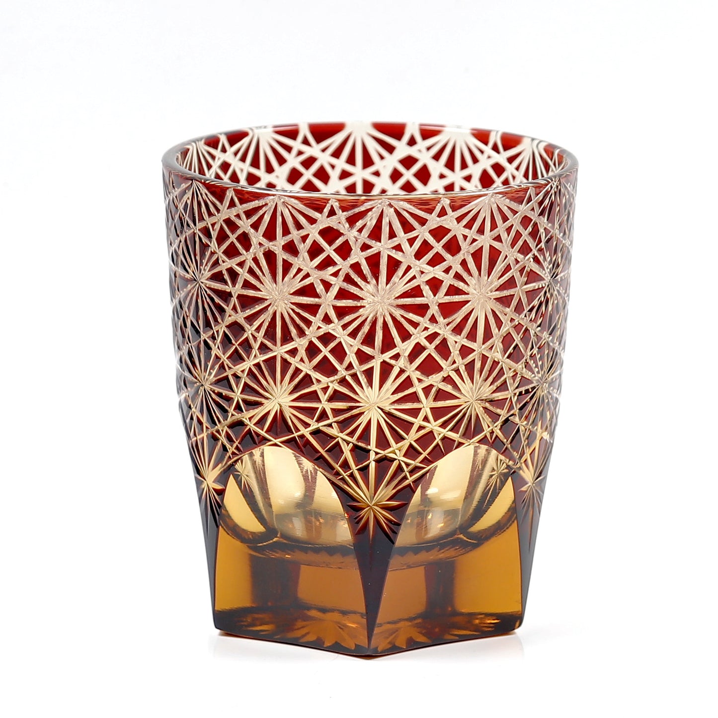 JP-048  250 ml Classic Japanesque Style Edo Kiriko Ruby Red and Amber Color Overlay Glass Whiskey Tumblers with  Hand cut Chrysanthemum Design
